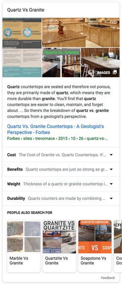 Featured Snippet thématique: Granit VS Quartz