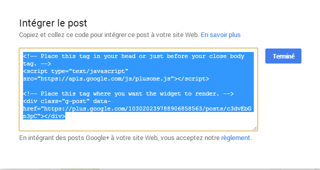 Google+ ajoute la fonction "intégrer une publication"